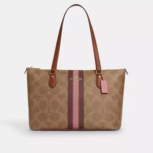 Coach Gallery Tote Bag In Signature Canvas With Stripe Print CBM18 Gold/Tan Mult